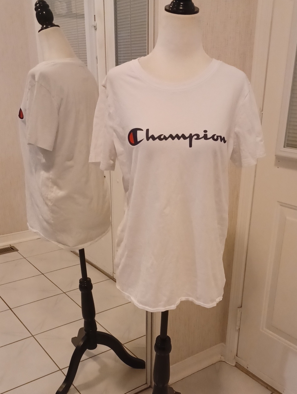 4/$60 Champion White Logo Tee - Size Medium